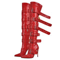 onlymakerheels Multi Buckle Strap Over the Knee Pointed Toe Belts Stiletto Heeled Booty Thigh High Red Size12