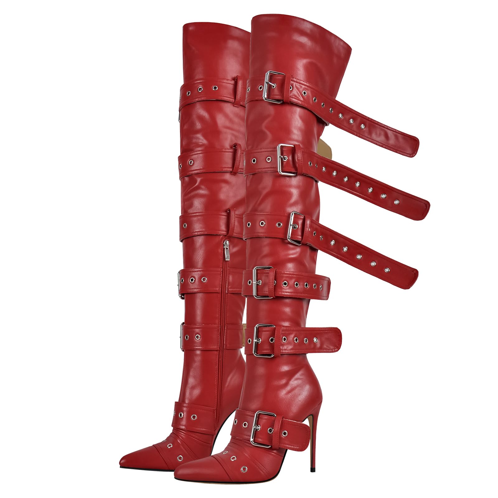 onlymakerheels Multi Buckle Strap Over the Knee Pointed Toe Belts Stiletto Heeled Booty Thigh High Red Size12