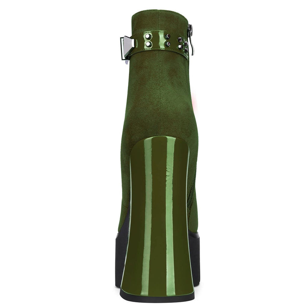 Aachcol Women Platform Ankle Boots Short Bootie Round Close Toe Chunky Block High Heel Suede Zipper Rivets Olive Green 5.5 Inch