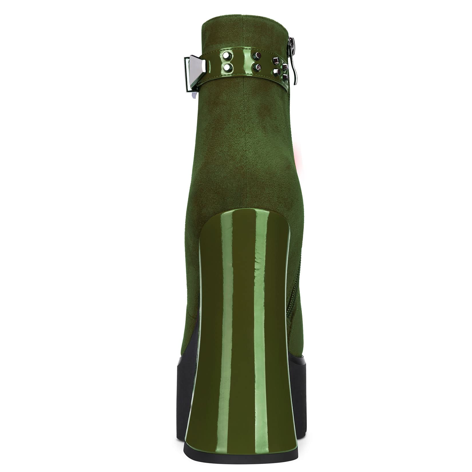 Aachcol Women Platform Ankle Boots Short Bootie Round Close Toe Chunky Block High Heel Suede Zipper Rivets Olive Green 5.5 Inch