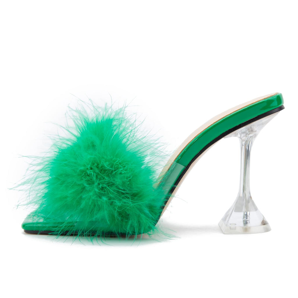 LIURUIJIA Feather High Heel Mules Sandals for Women Slip On Square Toe Clear Tapered Chunky Heels Fuzzy Fluffy Bridal Wedding Party Sexy Shoes Green