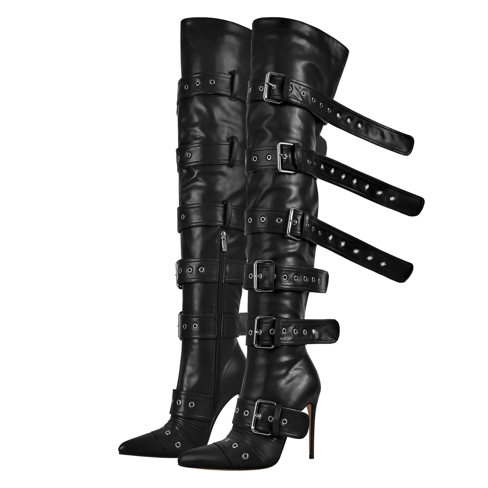 onlymakerheels Multi Buckle Strap Over the Knee Pointed Toe Belts Stiletto Heeled Booty Thigh High Black Size12