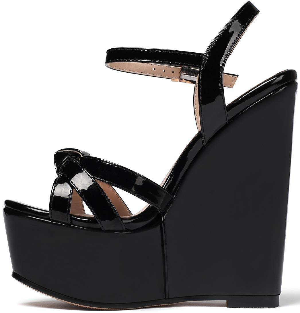 YODEKS Womens Platform Wedges High Heels Sandals Ankle Strip Open Toe Classic Summer Black Sandals 8 M US