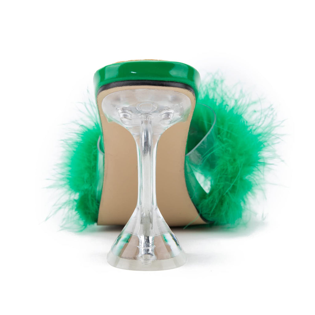 LIURUIJIA Feather High Heel Mules Sandals for Women Slip On Square Toe Clear Tapered Chunky Heels Fuzzy Fluffy Bridal Wedding Party Sexy Shoes Green