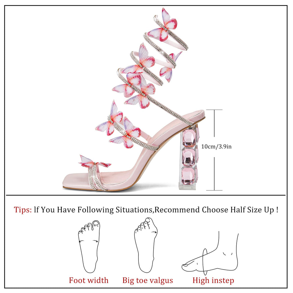 VOZTOLLS Strappy Heels for Women Rhinestone Crystal High Block Heeled Sandals Square Open Toe Sparkly Dress Prom Heels Shoes for Party Wedding Pink