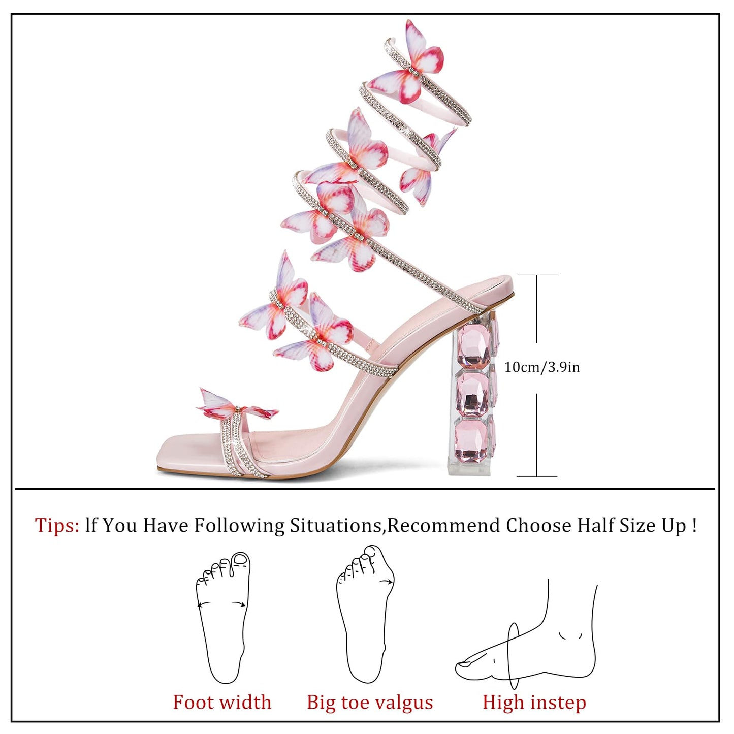 VOZTOLLS Strappy Heels for Women Rhinestone Crystal High Block Heeled Sandals Square Open Toe Sparkly Dress Prom Heels Shoes for Party Wedding Pink Size 11