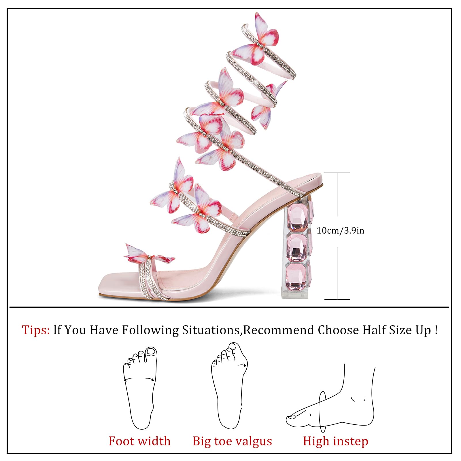 VOZTOLLS Strappy Heels for Women Rhinestone Crystal High Block Heeled Sandals Square Open Toe Sparkly Dress Prom Heels Shoes for Party Wedding Pink