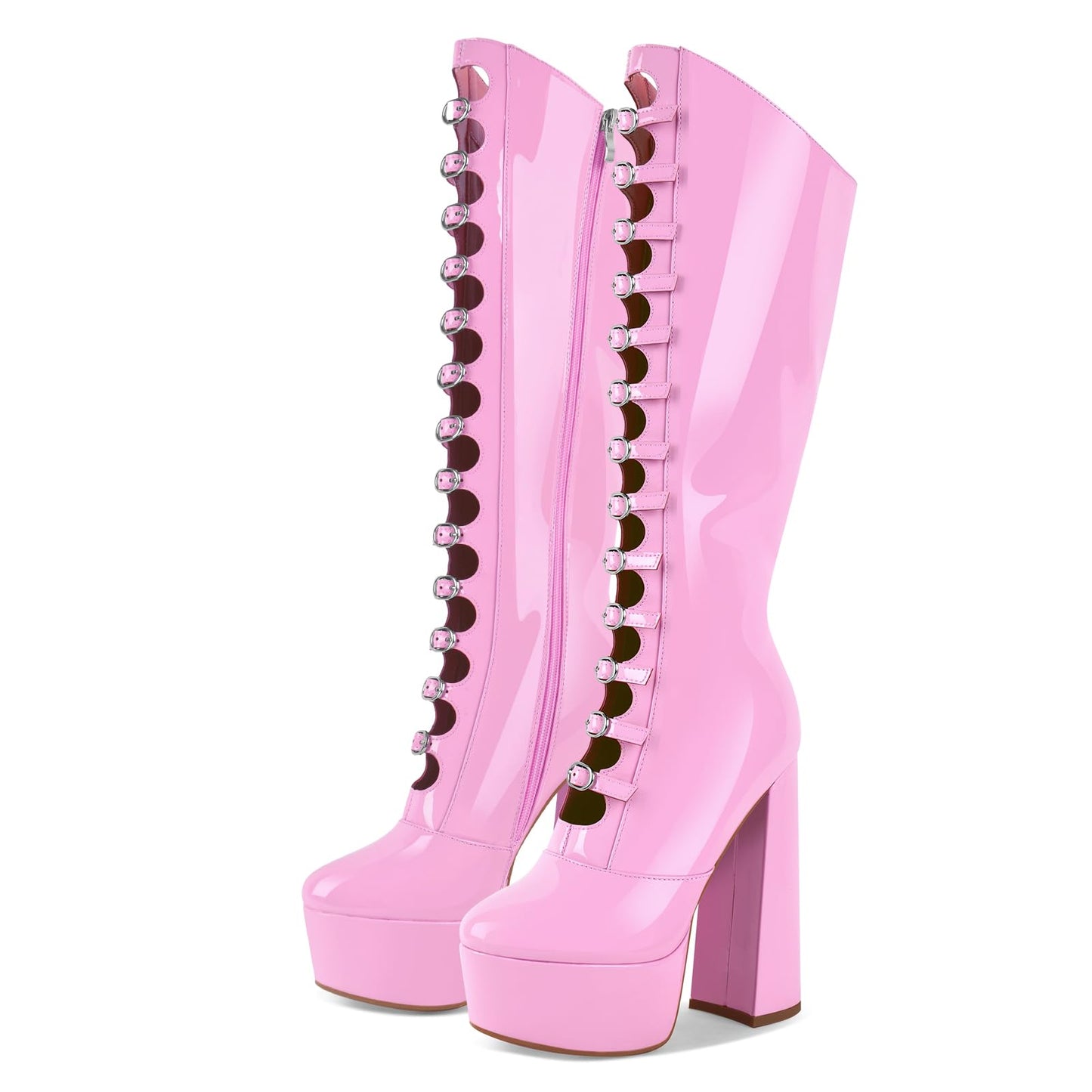 onlymakerheels Knee High Chunky Heels Platform High Heel Multiple Buckles Boots Pink