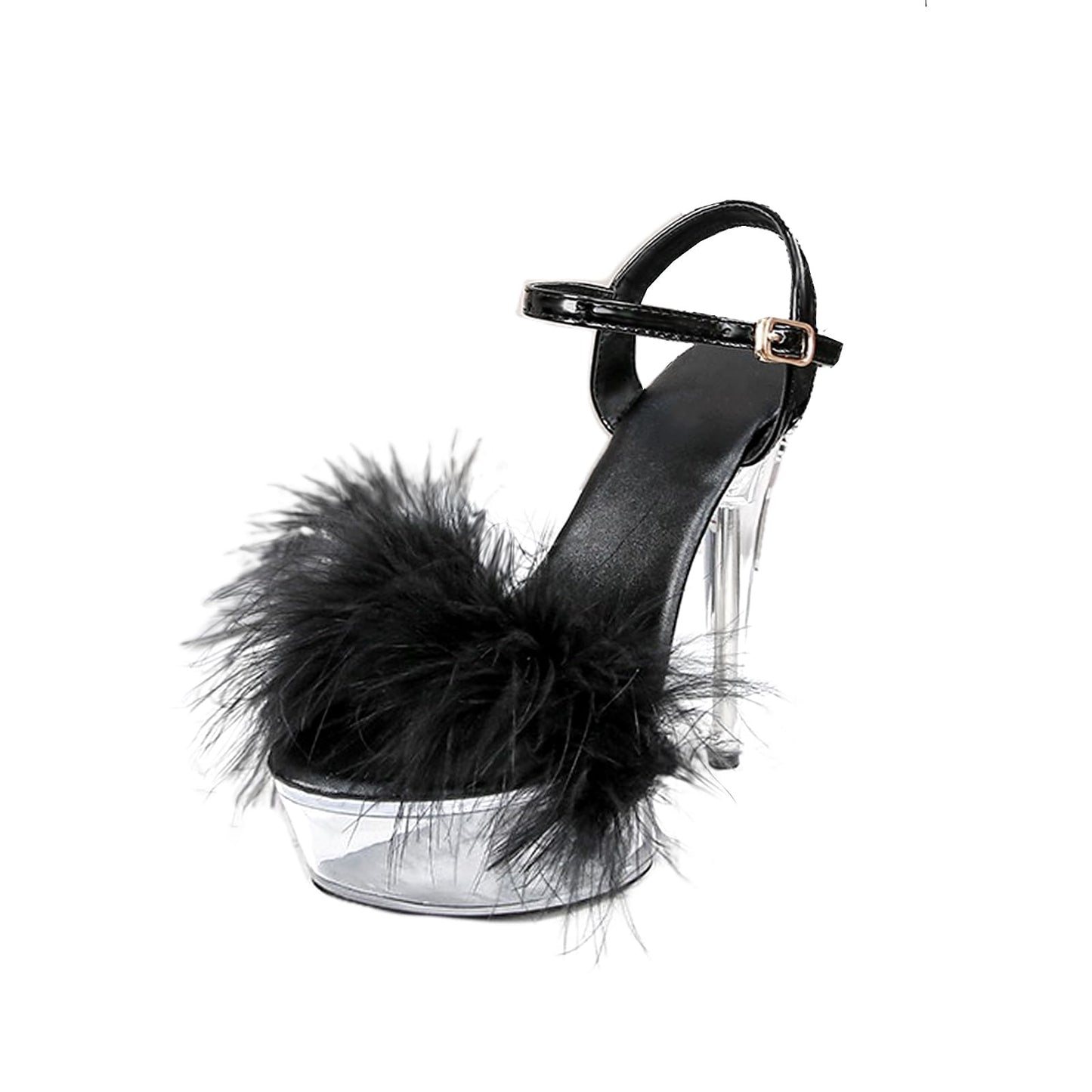 Baffoloo Women's Clear Platform Stiletto Fuzzy High-heeled Ankle Strap Party Casual Sexy Heels for Dancing Pole Dance Heels Casual Sandals Black