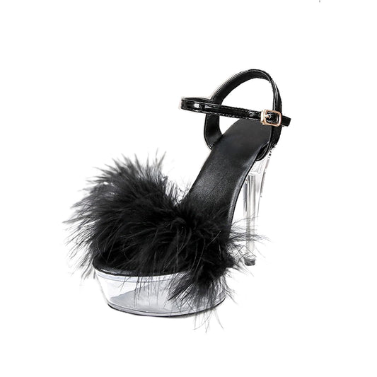 Baffoloo Women's Clear Platform Stiletto Fuzzy High-heeled Ankle Strap Party Casual Sexy Heels for Dancing Pole Dance Heels Casual Sandals Black