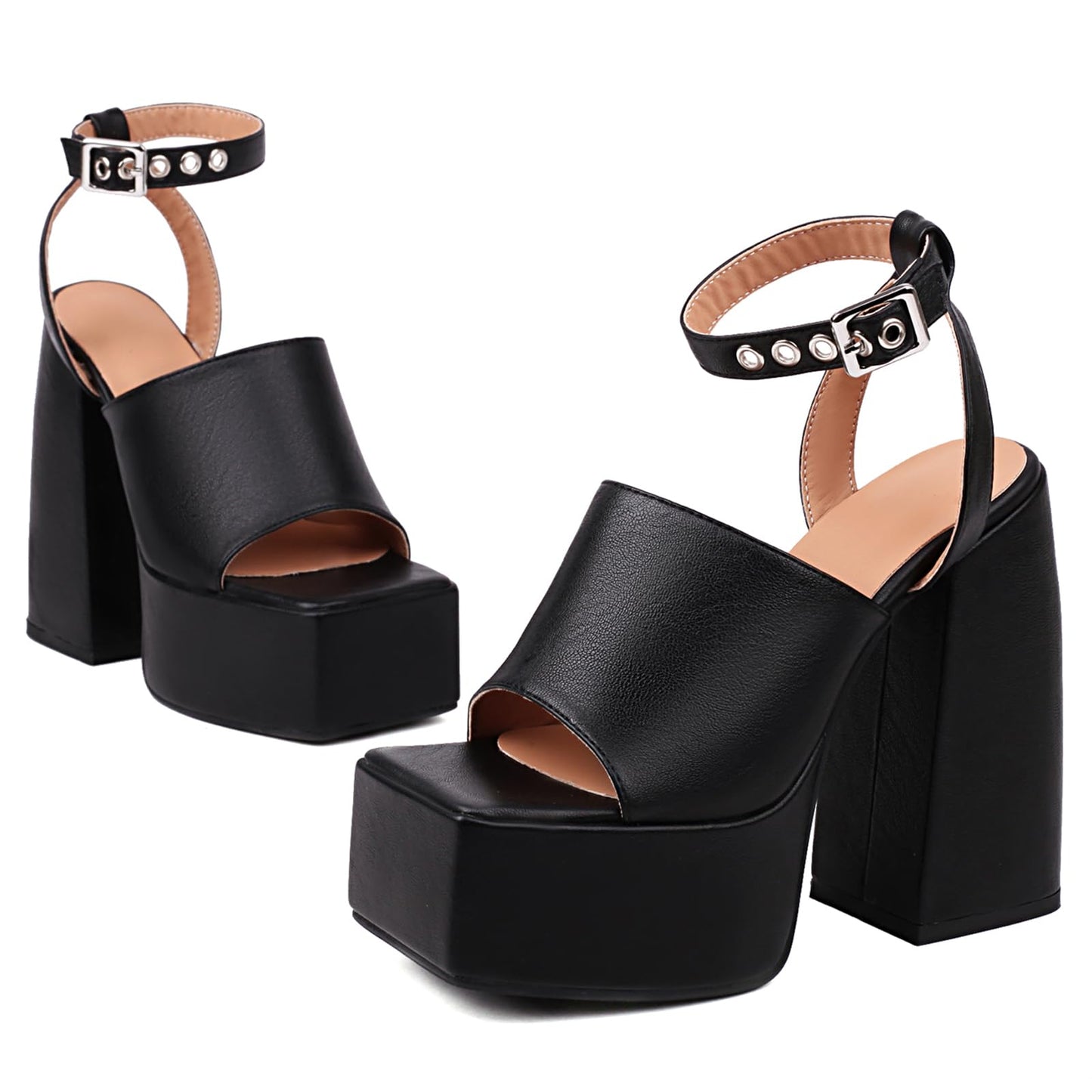 Lizoleor Ladies Fashion Peep Toe Chunky Heel Sandals Ankle Strap Summer Platform Party Shoes High Heels Gothic Dress Black Size 9 US/41
