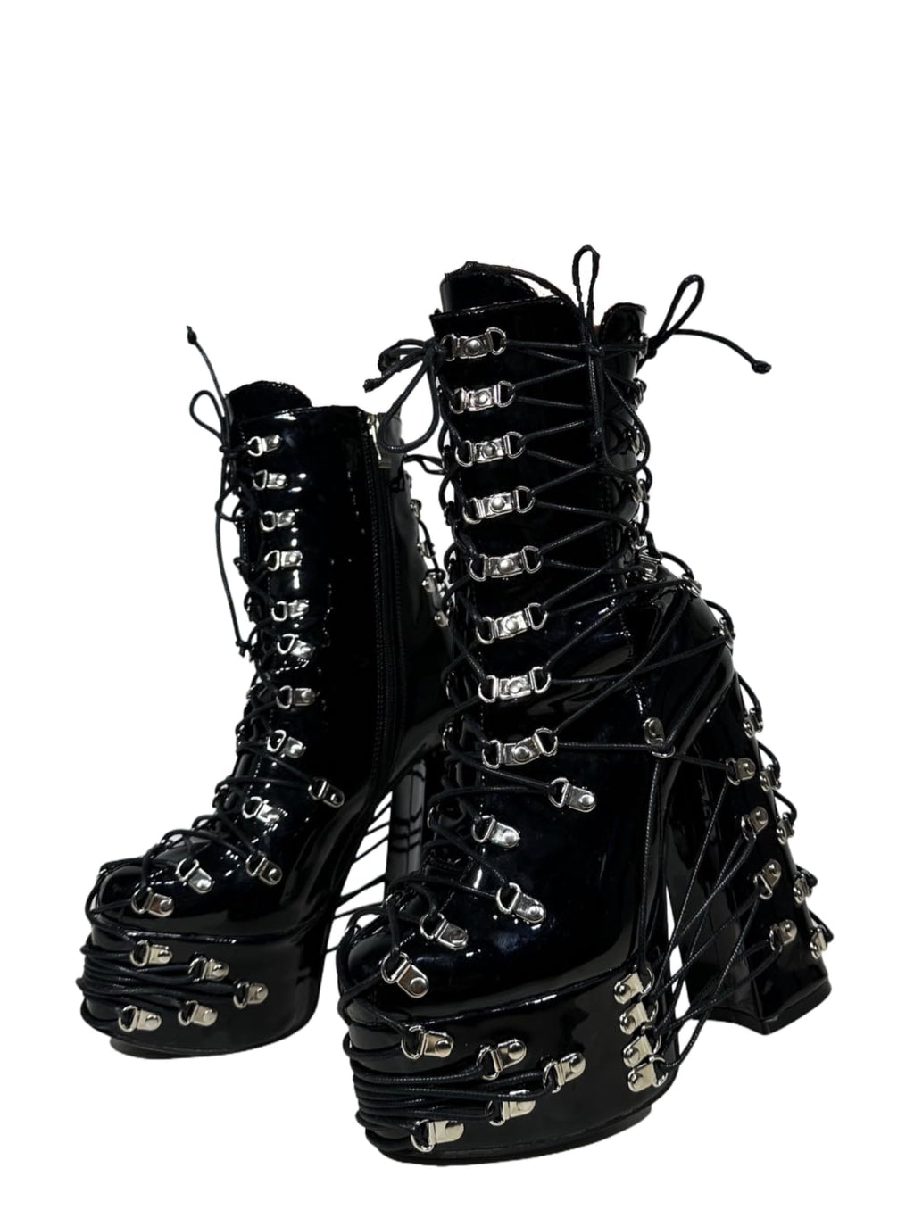 Frankie Hsu Handmade Goth Chunky Platform Ankle High Heeled Bootie, Lace Up Black Patent Silver Buckle Punk Gothic Y2K Hot Cool Girl Big Large Size Shoes For Women Men