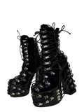 Frankie Hsu Handmade Goth Chunky Platform Ankle High Heeled Bootie, Lace Up Black Patent Silver Buckle Punk Gothic Y2K Hot Cool Girl Big Large Size Shoes For Women Men