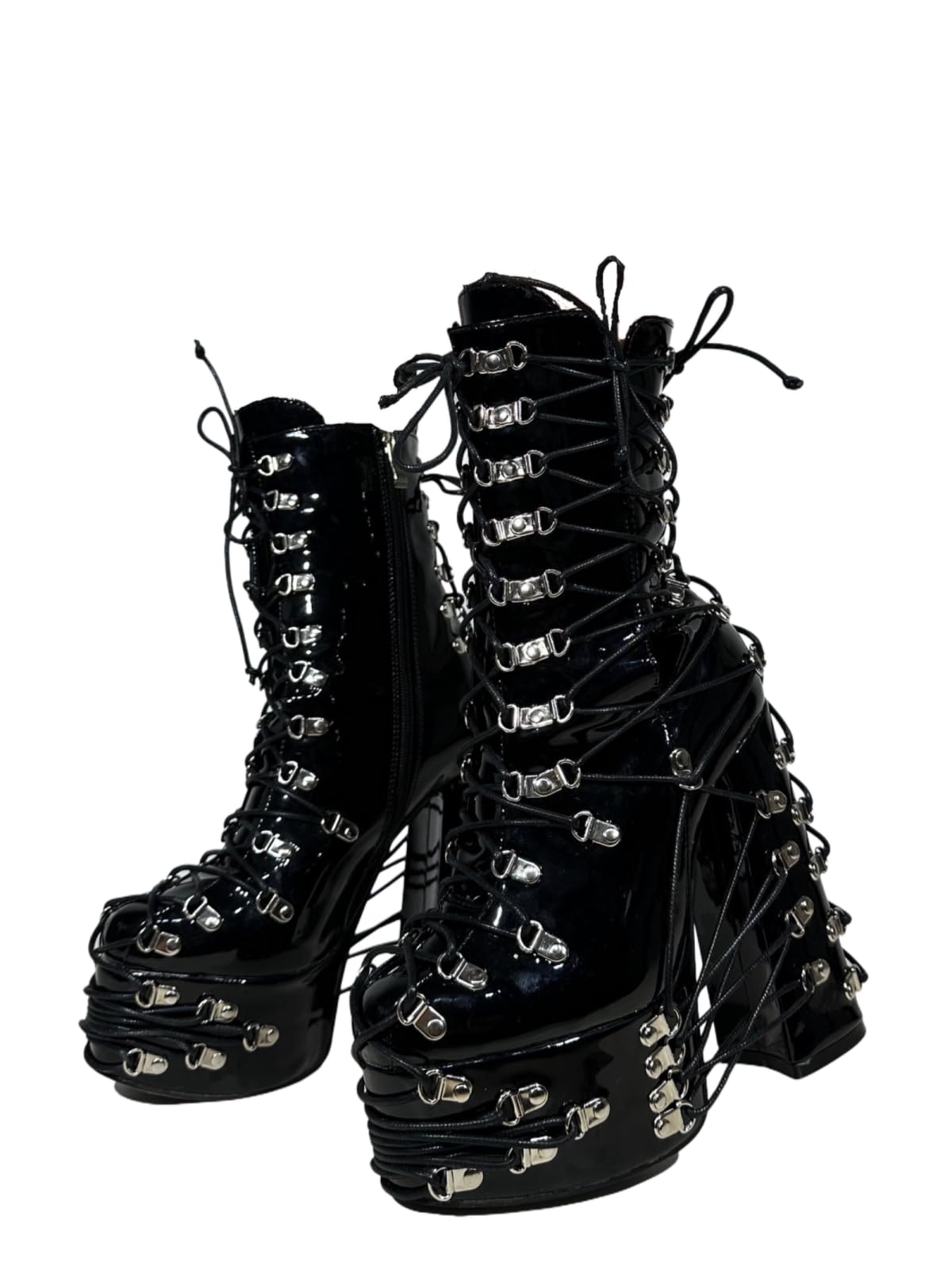 Frankie Hsu Handmade Goth Chunky Platform Ankle High Heeled Bootie, Lace Up Black Patent Silver Buckle Punk Gothic Y2K Hot Cool Girl Big Large Size Shoes For Women Men