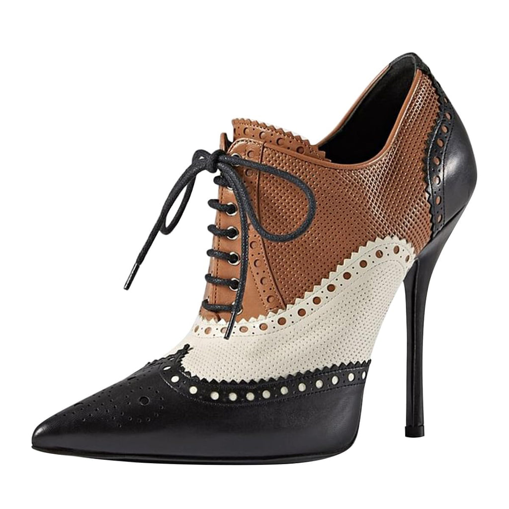 Maiyang Women Pointed Toe Wingtip Oxfords Brogues Boots Lace up Stiletto High Heel Party Event Dating Ankle Boots Size 8 Black Multi