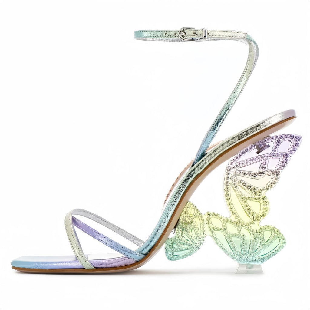 Longwenxuan Glitter Rhinestone Furry Lace Up Butterfly Stilletos Heels Sandals for Women,Women's Open Pointed High Heels Strappy Sandals Adjustable Ankle Strap Buckles Elegant Wedding Sandals Dress