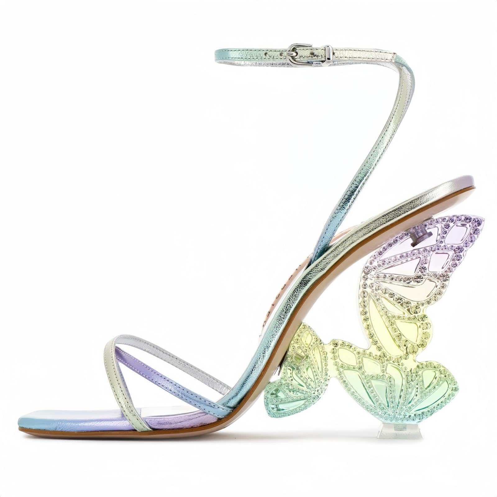 Longwenxuan Glitter Rhinestone Furry Lace Up Butterfly Stilletos Heels Sandals for Women,Women's Open Pointed High Heels Strappy Sandals Adjustable Ankle Strap Buckles Elegant Wedding Sandals Dress
