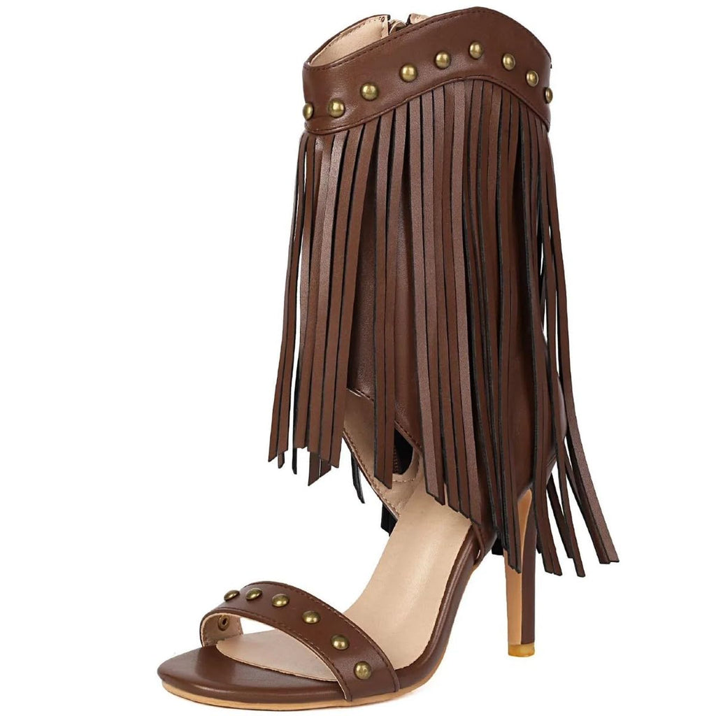 Rhineshell Women's Fringed High Heels Side Zipper Ankle Sandal Boots Studded Heeled Sandals Tassels Round Open Toe Stilettos Faux Leather Zip Up Party Dress Shoes Dark Brown Size 7