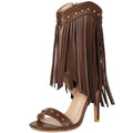 Rhineshell Women's Fringed High Heels Side Zipper Ankle Sandal Boots Studded Heeled Sandals Tassels Round Open Toe Stilettos Faux Leather Zip Up Party Dress Shoes Dark Brown Size 7