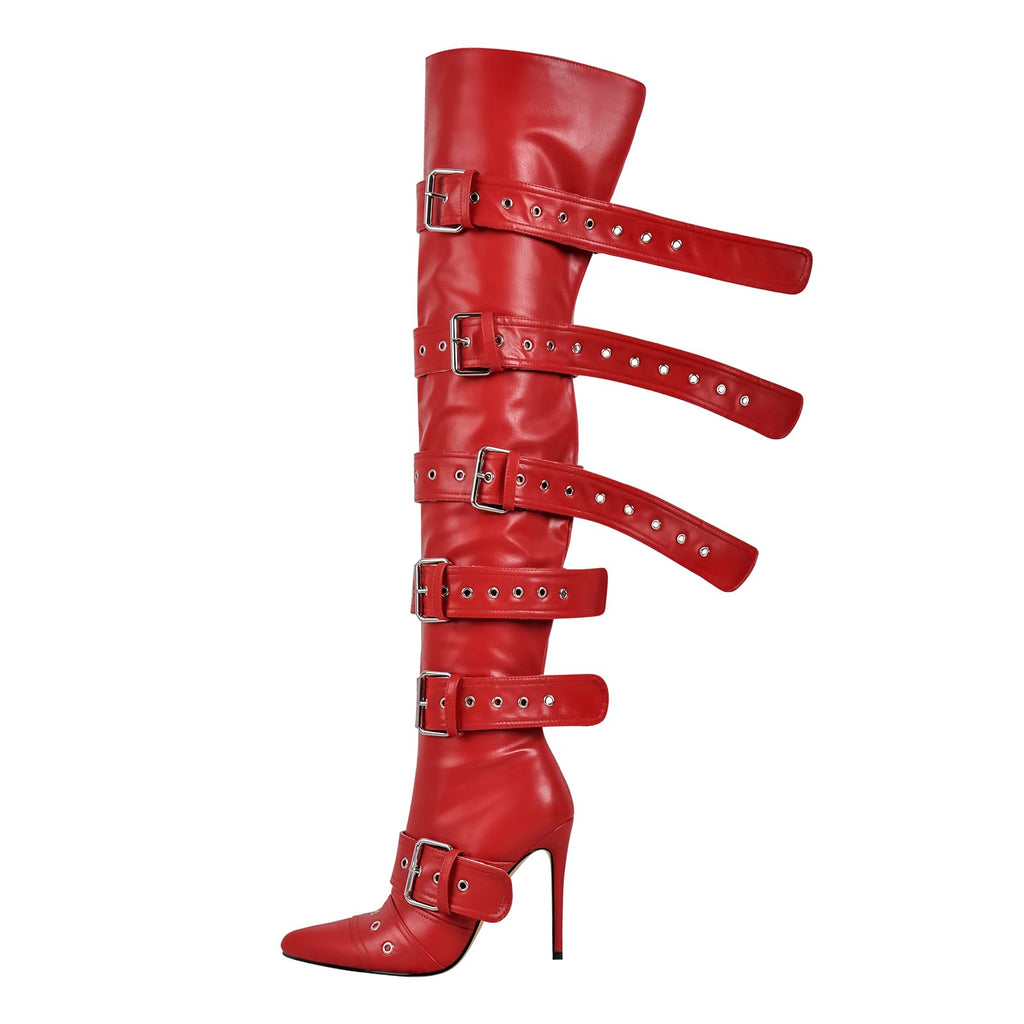onlymakerheels Multi Buckle Strap Over the Knee Pointed Toe Belts Stiletto Heeled Booty Thigh High Red Size12