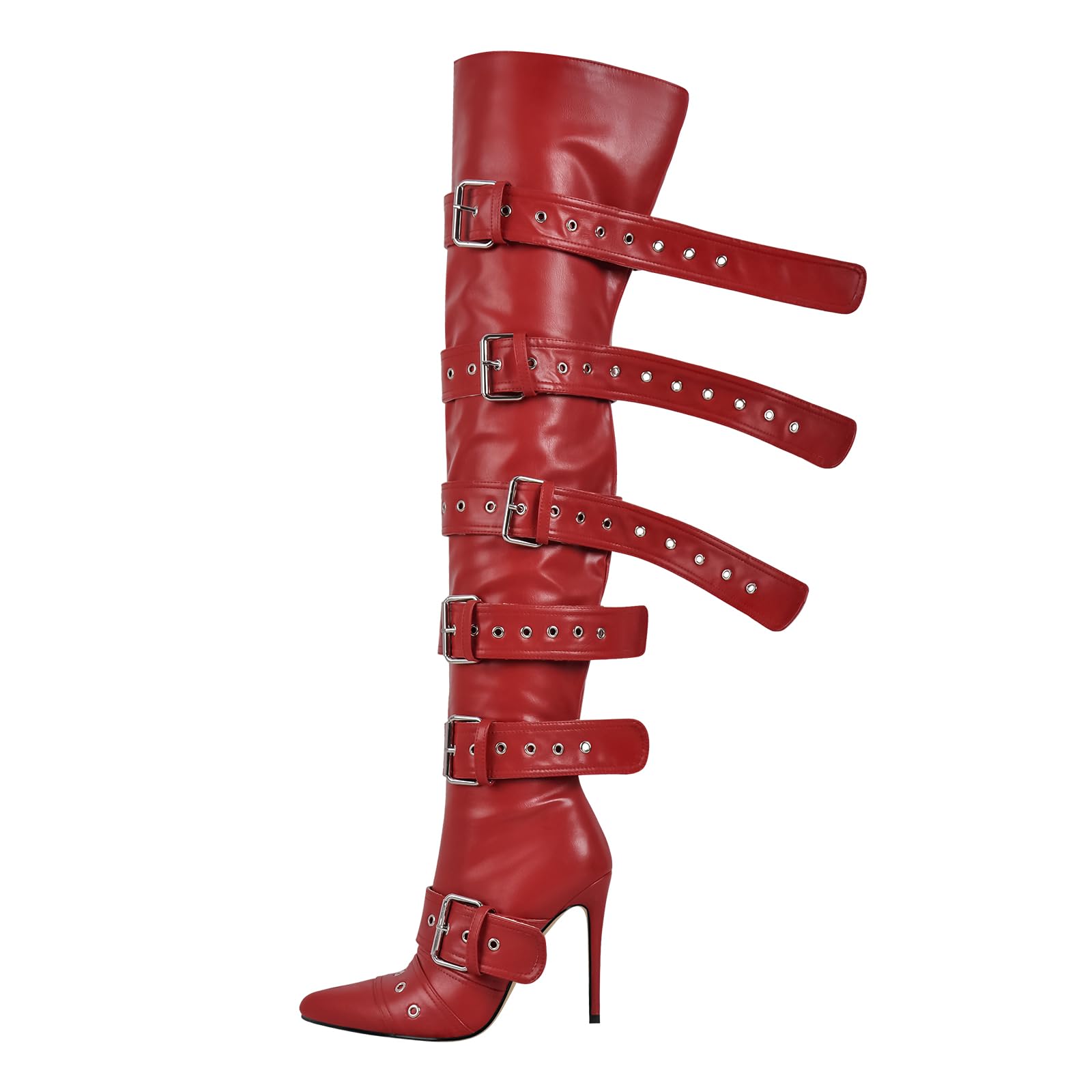 onlymakerheels Multi Buckle Strap Over the Knee Pointed Toe Belts Stiletto Heeled Booty Thigh High Red Size12
