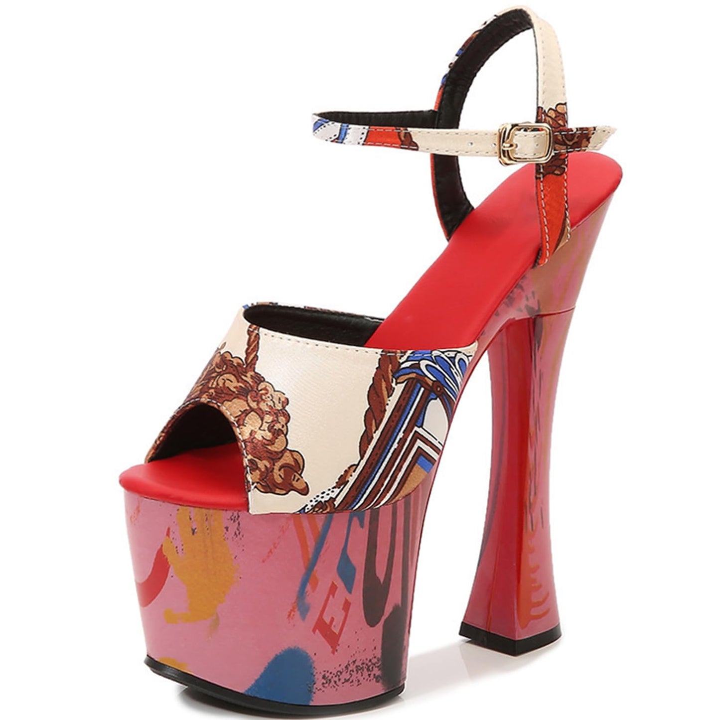 F&A LOVING Women's Platform Sandals Ankle Strap 6.9" Block High Heels Pipe dancing shoes