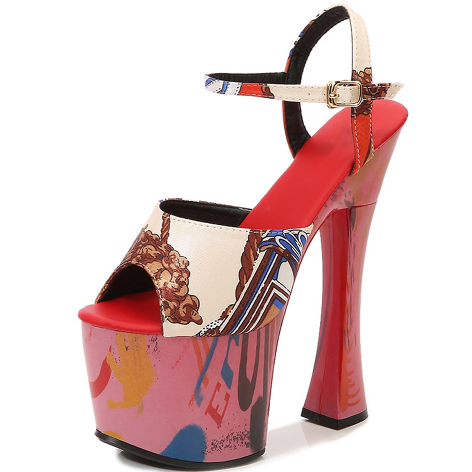 F&A LOVING Women's Platform Sandals Ankle Strap 6.9" Block High Heels Pipe dancing shoes