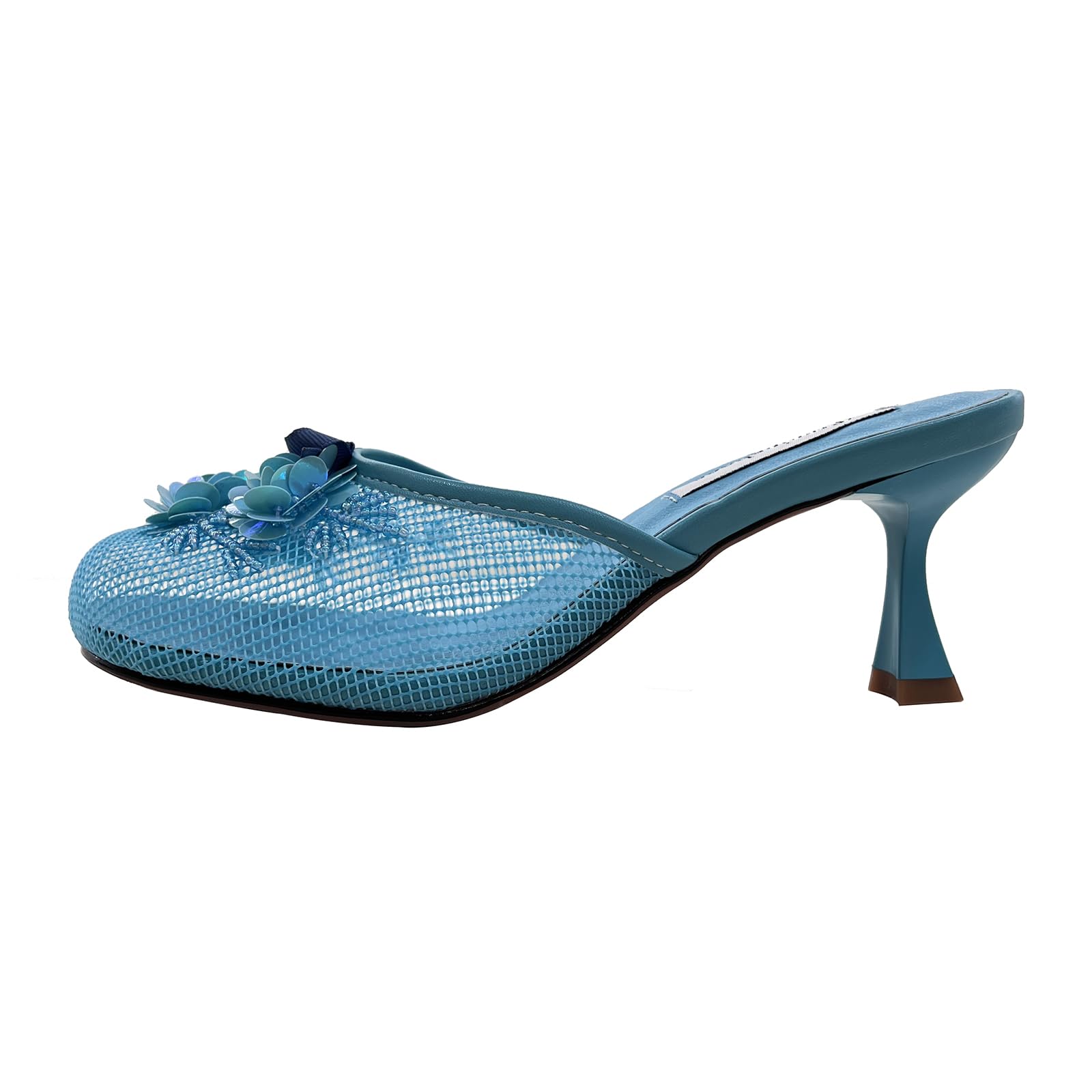 Tracieshoes Women's Mesh Mule Slip On Sandals With Floral Sequin Embellishments Round Toe Middle 2.5 Inch Heel Slides Slippers Blue