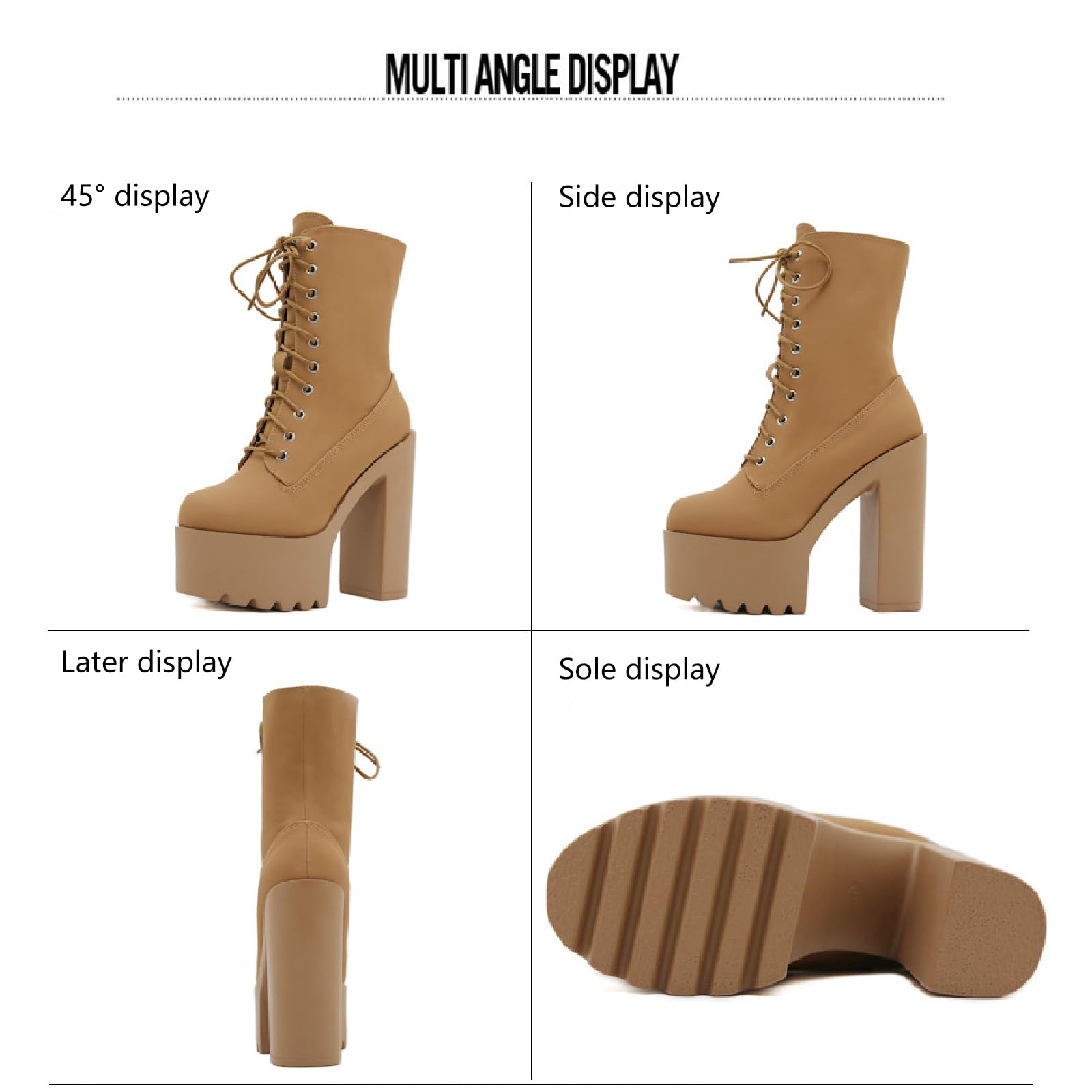 Women's Leather Platform Chunky High Heel Mid Calf Boots Warm Fur Lined Comfortable Round Toe Lug Sole Block Heel Lace Up Combat Boots Winter Fashion Party Increase Boots (brown