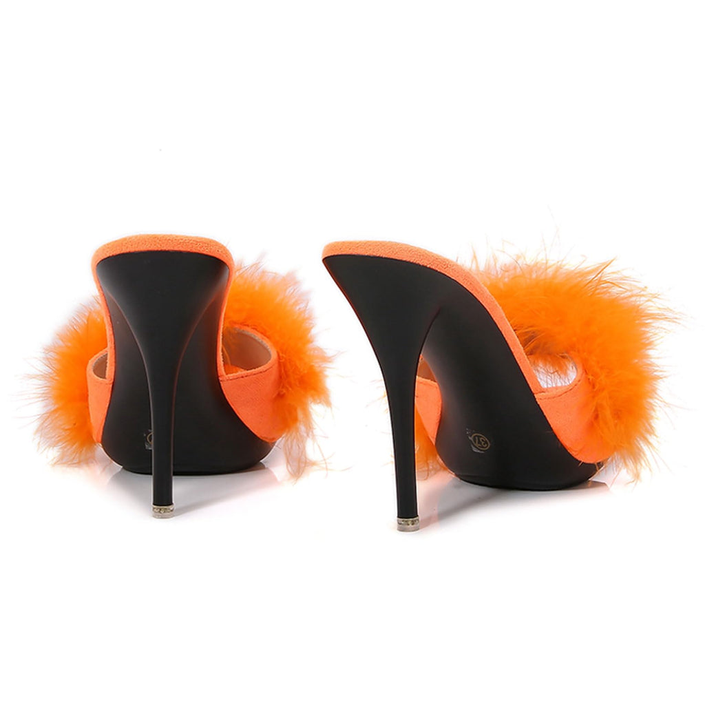 XHOGNLS Women's Feather Stiletto Prom Sandals Sexy Round Toe Fluffy Fur Feather Super High Heels Slip On Party Mules Fluff Slides For Evening Wedding Dress (Orange,7)