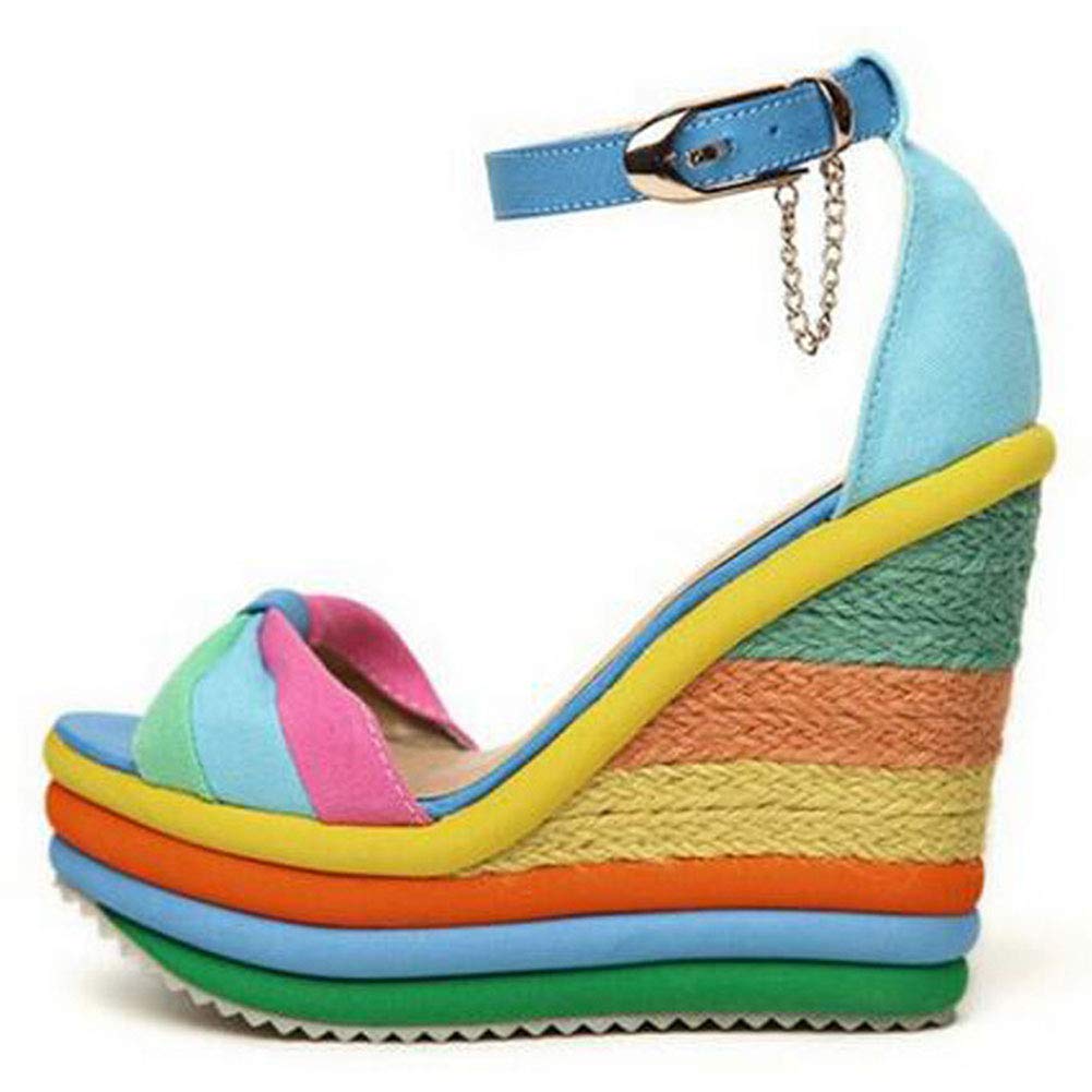 SaraIris Sandals for Women Gladiator Ankle Strap High Heel Platform Shoes Wedge Rainbow Sandals for Women Blue