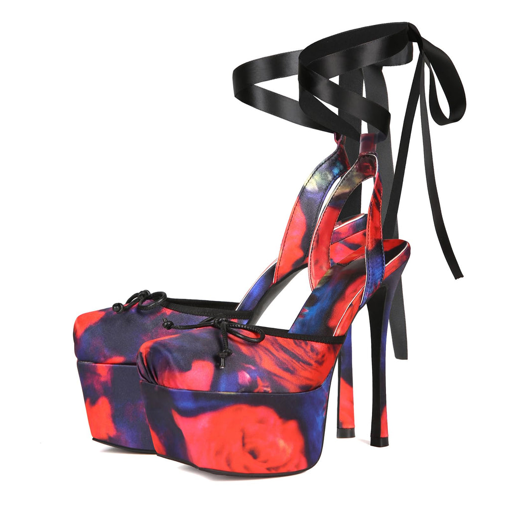 Saint Leia Women's Platform High Heels Square Closed Toe Bow Heels Lace Up Summer Elegant Sandals（Red