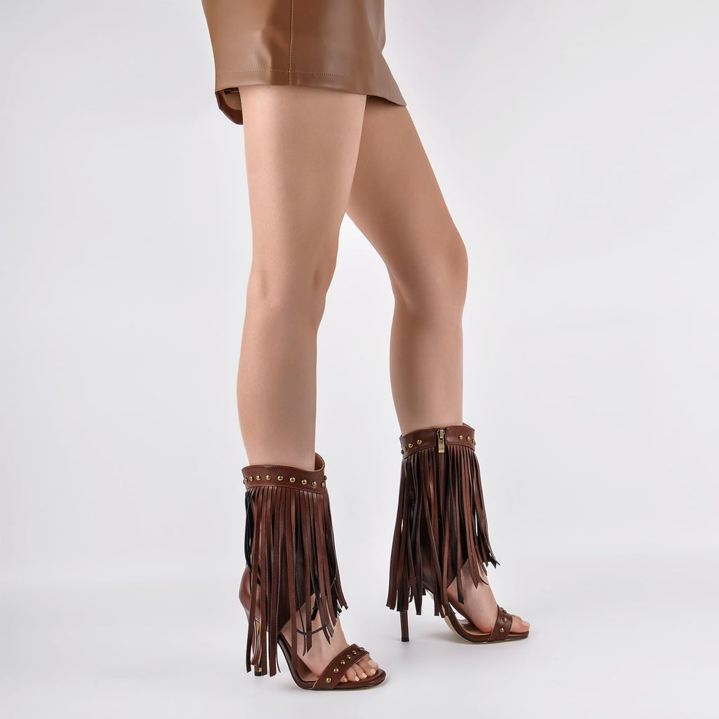 Rhineshell Women's Fringed High Heels Side Zipper Ankle Sandal Boots Studded Heeled Sandals Tassels Round Open Toe Stilettos Faux Leather Zip Up Party Dress Shoes Dark Brown Size 7