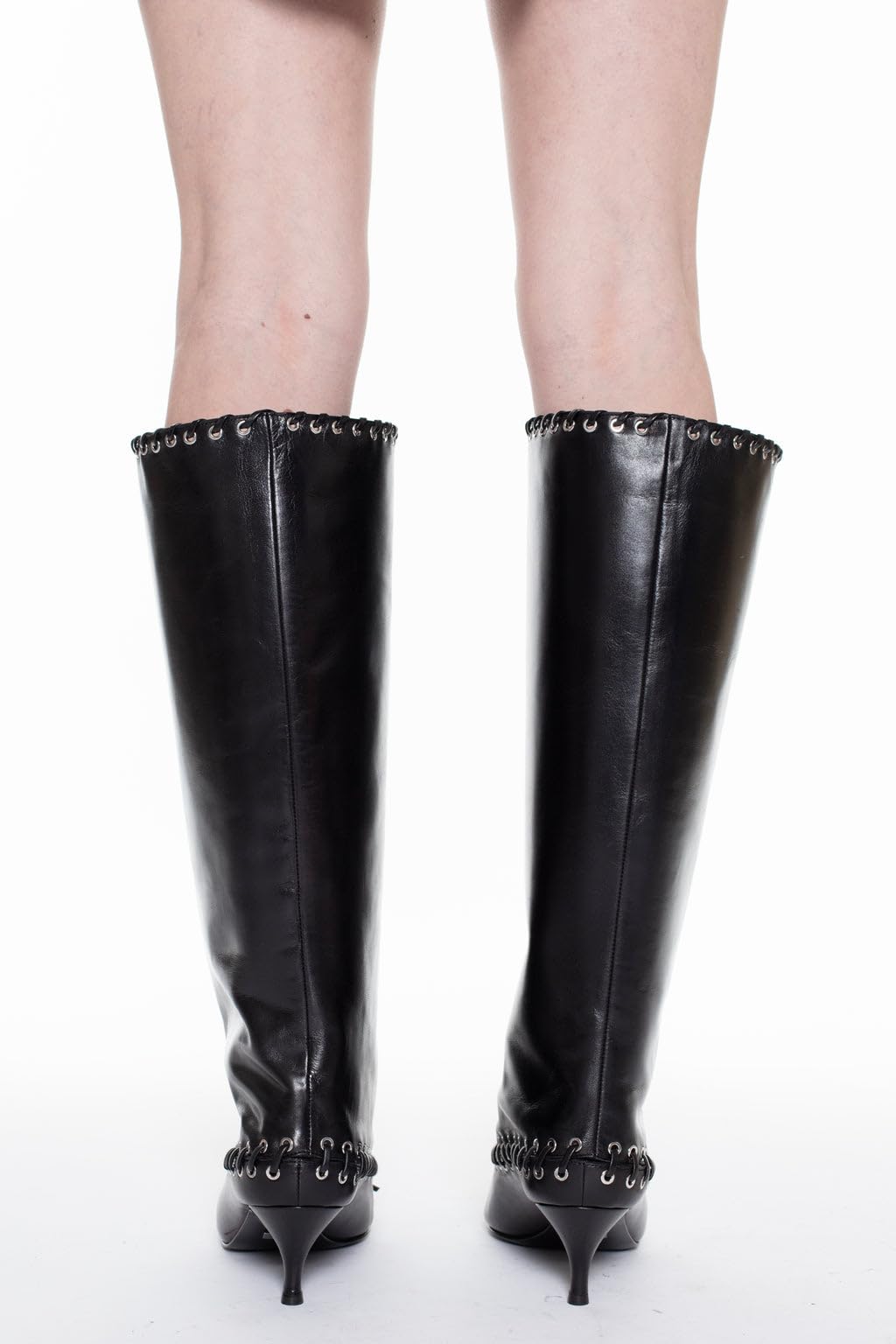 Goolita Women's Pointed Toe Metal Eyelets Knee High Boots Kitten Heel Lace Up Bow Slip on Wide Calf Tall Boots