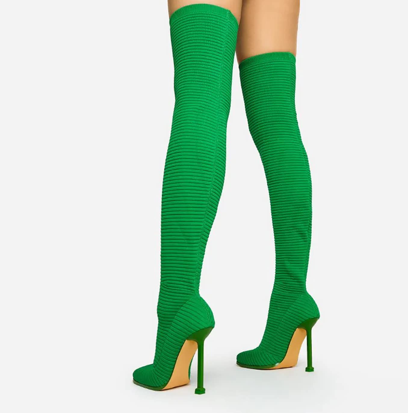 Lemonade Women's Over The Knee Heels Boots High Heel Stretch Knit Pointed To Thigh Long Boots -That Girl Green