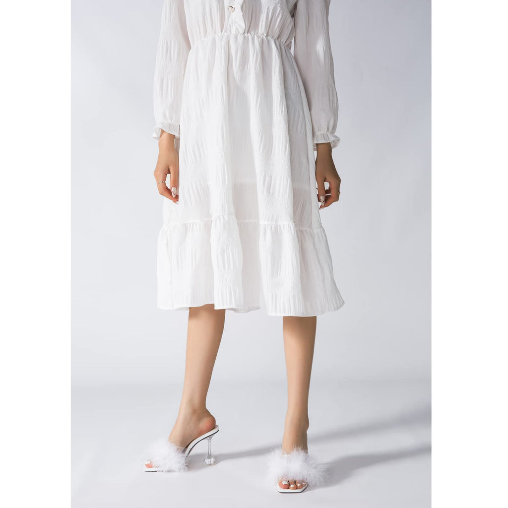 LIURUIJIA Feather High Heel Mules Sandals for Women Slip On Square Toe Clear Tapered Chunky Heels Fuzzy Fluffy Bridal Wedding Party Sexy Shoes White