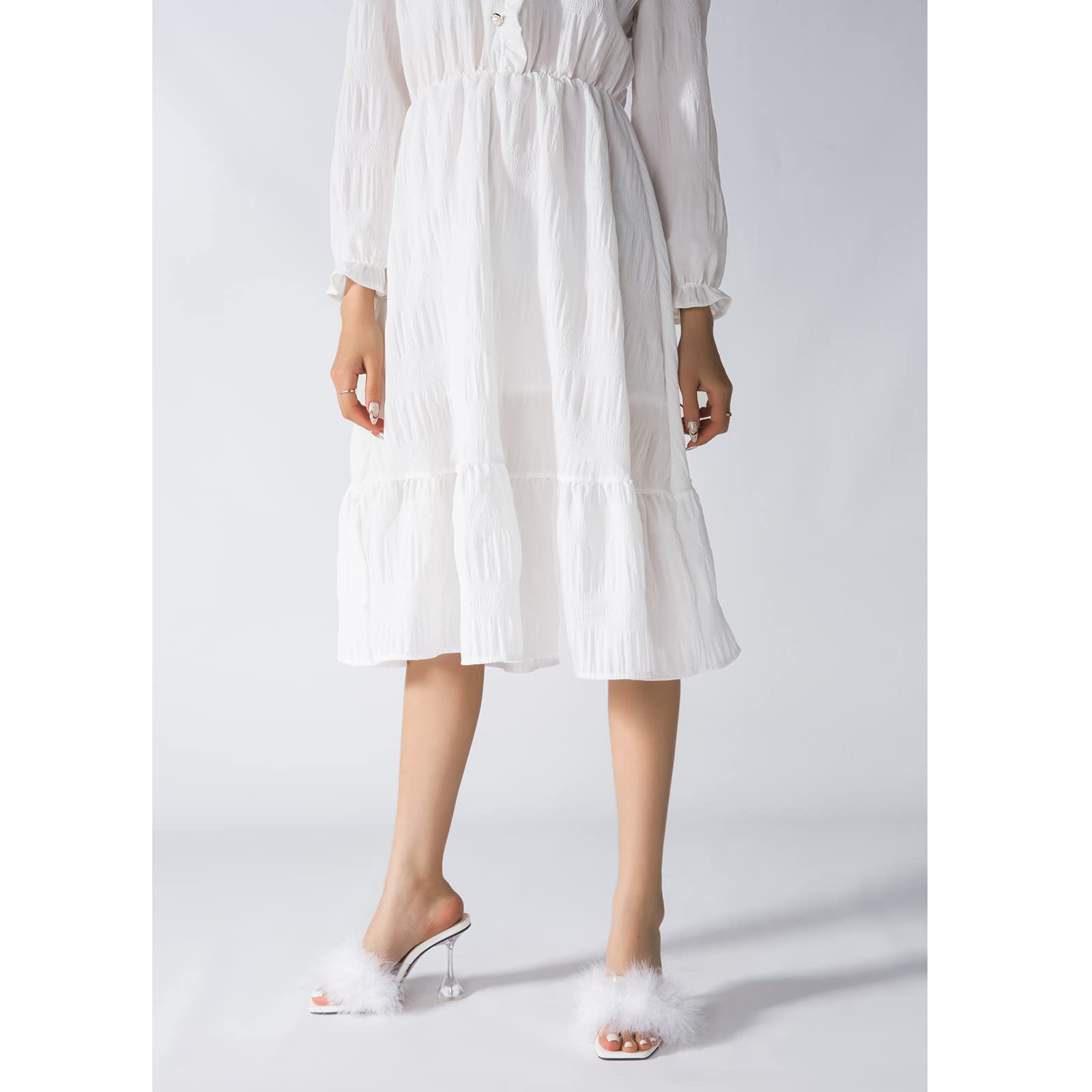 LIURUIJIA Feather High Heel Mules Sandals for Women Slip On Square Toe Clear Tapered Chunky Heels Fuzzy Fluffy Bridal Wedding Party Sexy Shoes White