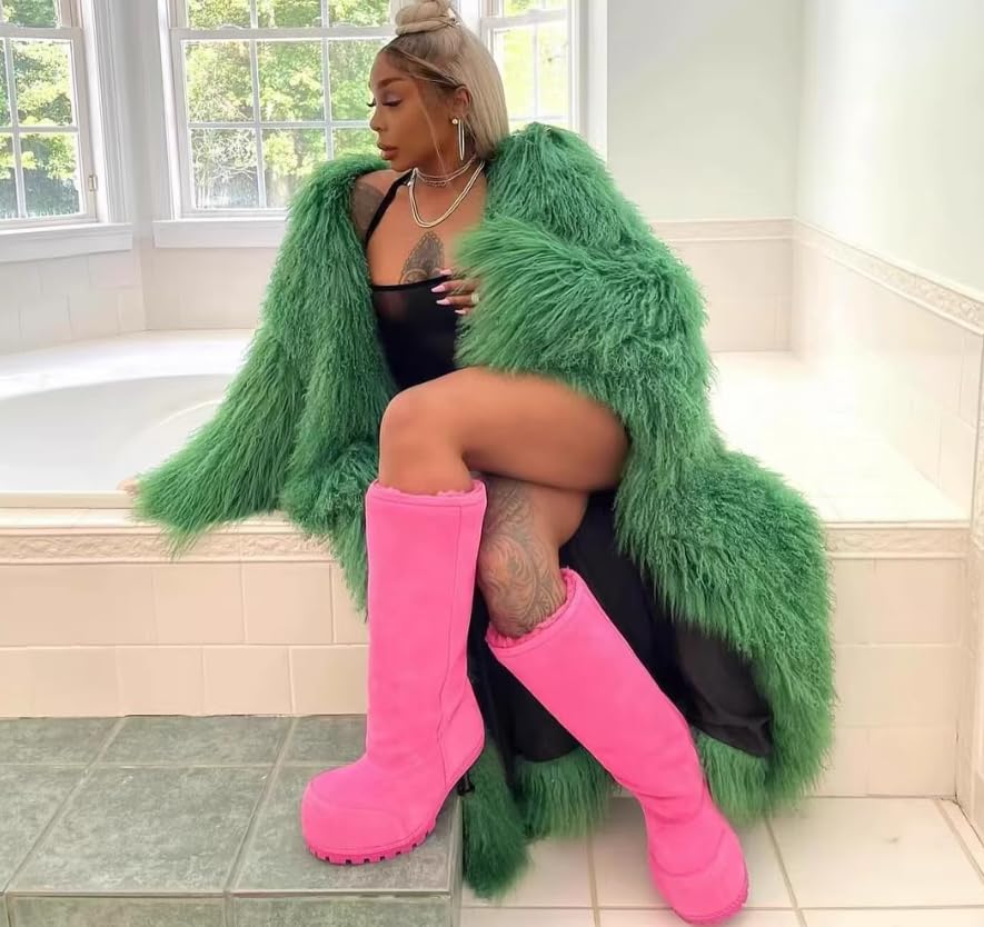 fur arttisann Women's Autumn Winter Warm Snow Boot High Heels Long Boots With Real Leather Shoes (Rose Pink, Adult, Women, 9, Numeric, US Footwear Size System, Medium)