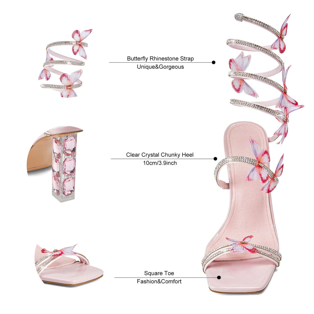 VOZTOLLS Strappy Heels for Women Rhinestone Crystal High Block Heeled Sandals Square Open Toe Sparkly Dress Prom Heels Shoes for Party Wedding Pink