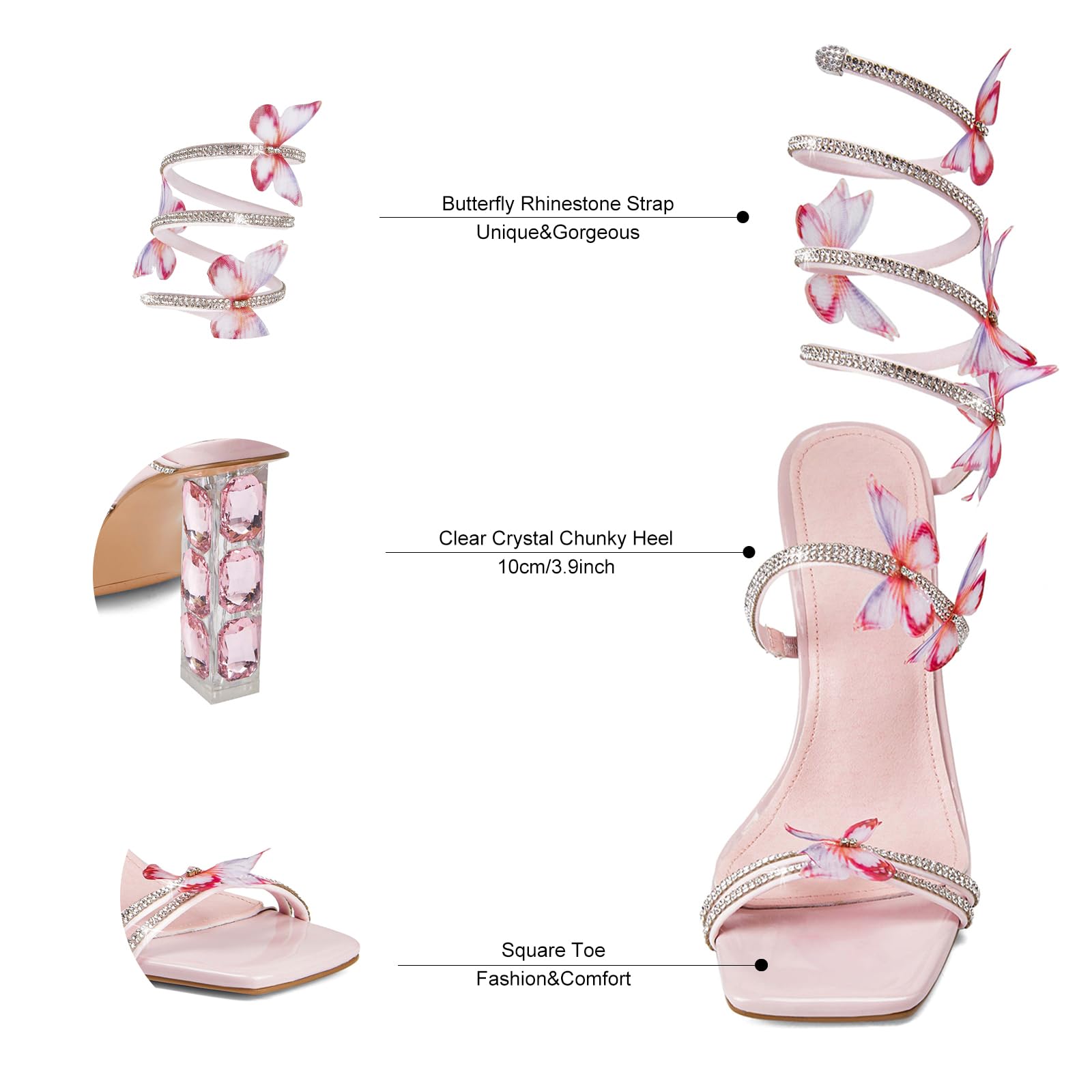 VOZTOLLS Strappy Heels for Women Rhinestone Crystal High Block Heeled Sandals Square Open Toe Sparkly Dress Prom Heels Shoes for Party Wedding Pink