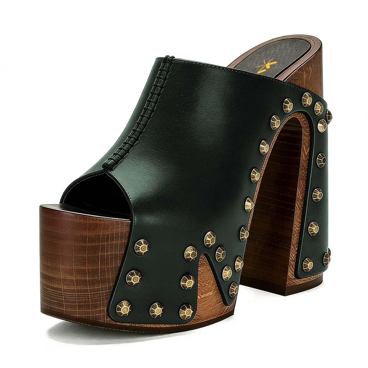 XYD Women Wooden Chunky Heel Mules Platform Bronzed Studs Open Toe Block Sandals Vintage Parties Shoes (Size 7.5, Dark Green)