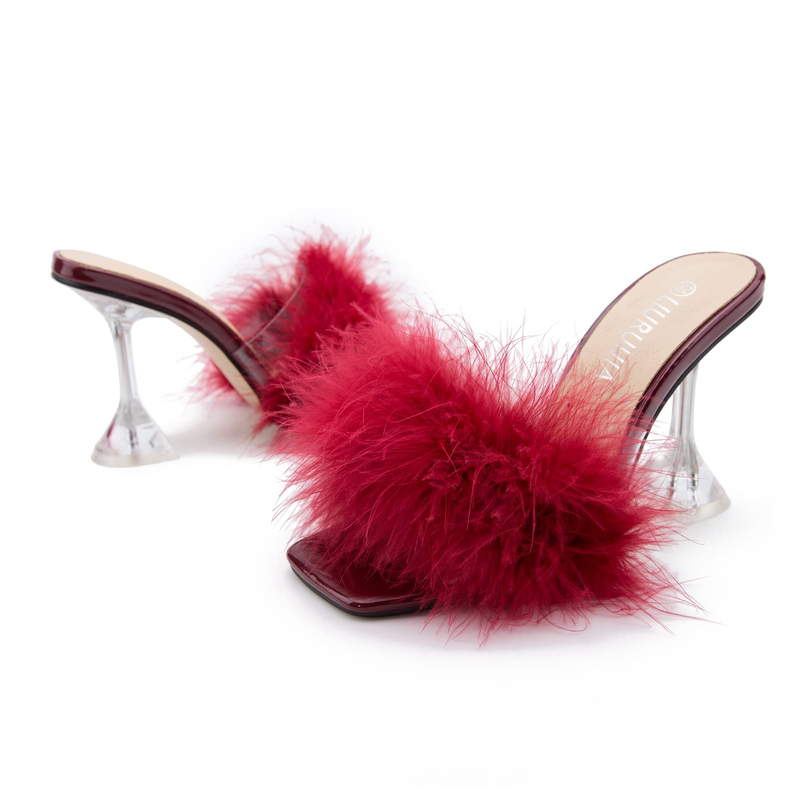 LIURUIJIA Feather High Heel Mules Sandals for Women Slip On Square Toe Clear Tapered Chunky Heels Fuzzy Fluffy Bridal Wedding Party Sexy Shoes Wine Red