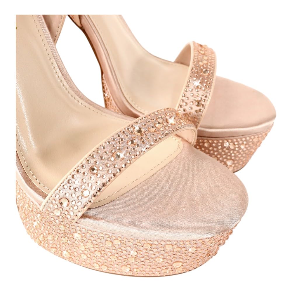 Liliana Womens Rhinestones Ankle Strap Chunky High Heels Sandals Fabiosa Nude 7