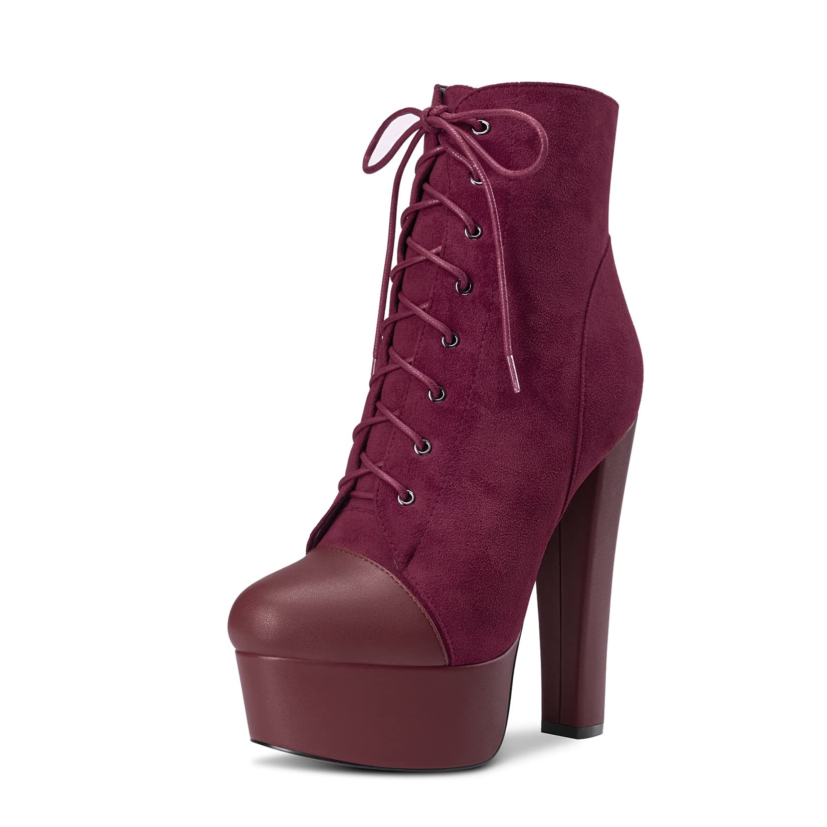 DearOnly Women Chunky Block Platform High Heel Round Toe Ankle Boots Short Bootie Zipper Party Cute Boots Burgundy Wine Red