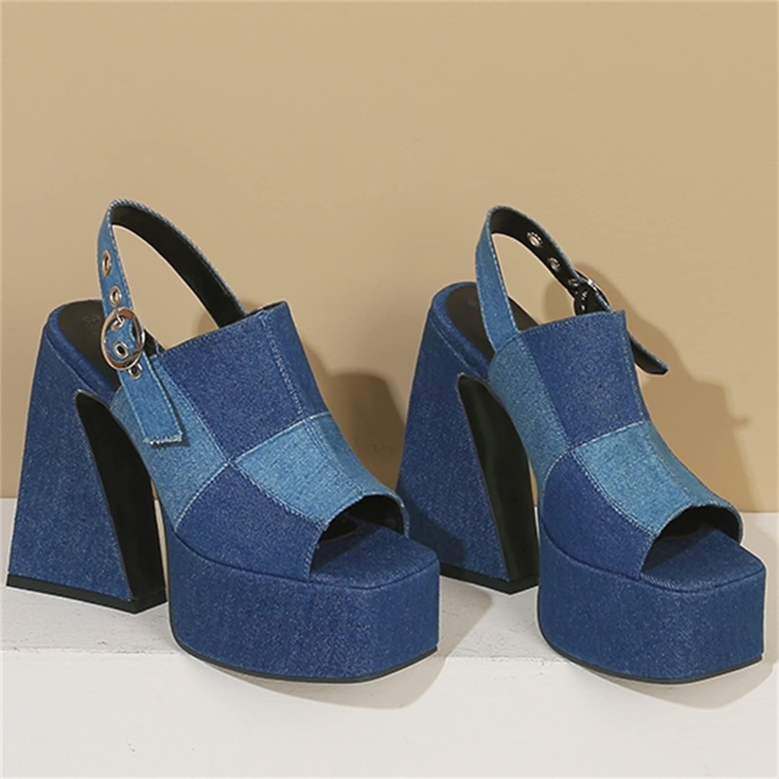 AIMODOR Women Checkered Platform Pumps Chunky Heels Sandals Open Square Toe Slingback Dress Pumps Blue