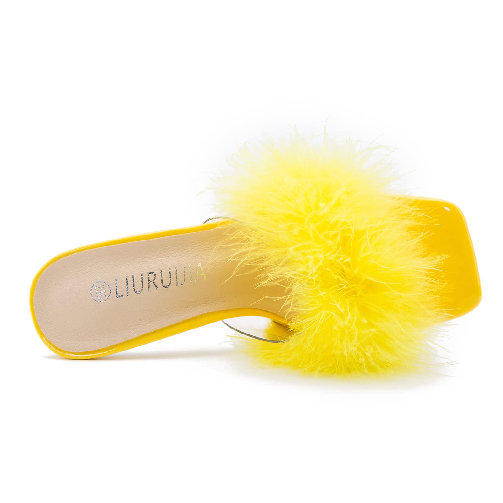 LIURUIJIA Women's Square Toe Feathers High Heels Fur Mules Sandals Fuzzy Fluffy Wedding Bridal Party Dress Shoes Yellow