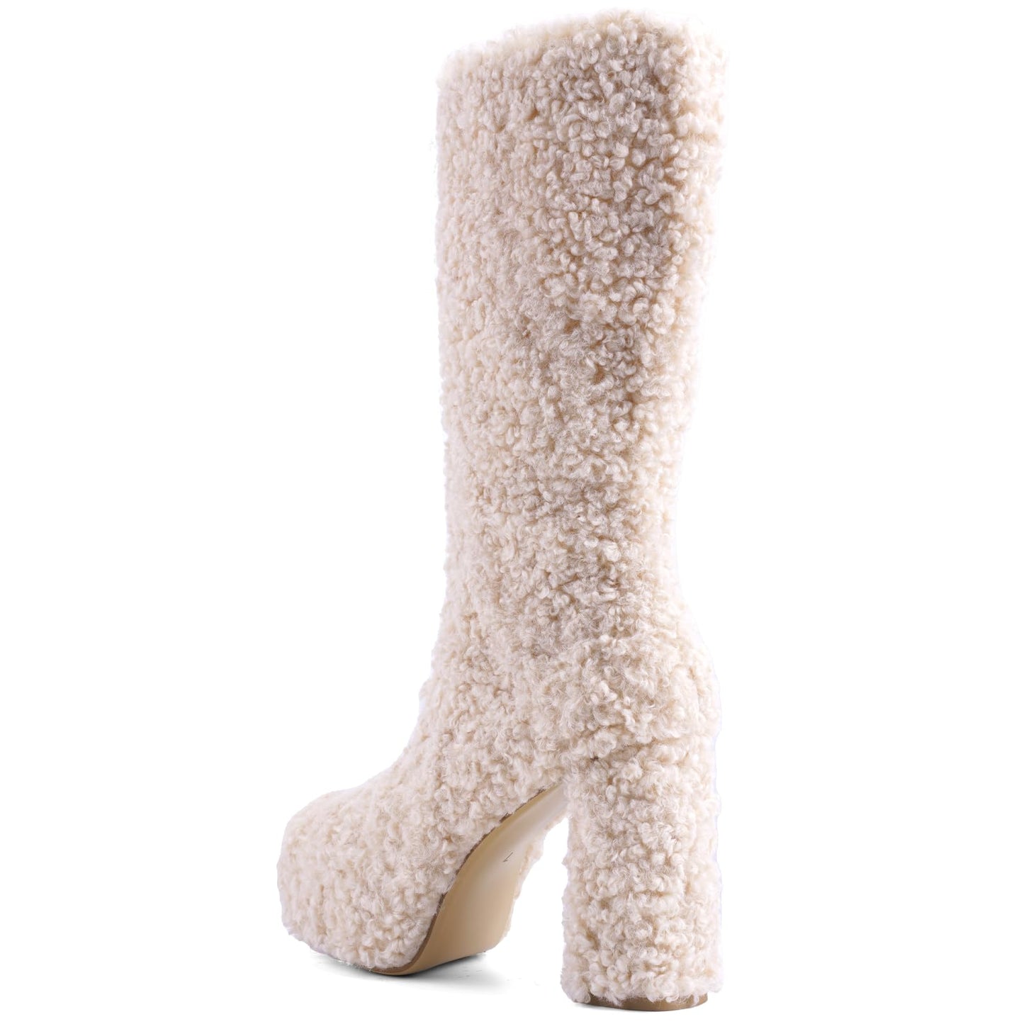 JilTrdWei Mid Calf Fluffy Furry Boots Warm Platform Chunky High Heel Pull On Boots Fashion Winter shoes-beige-6