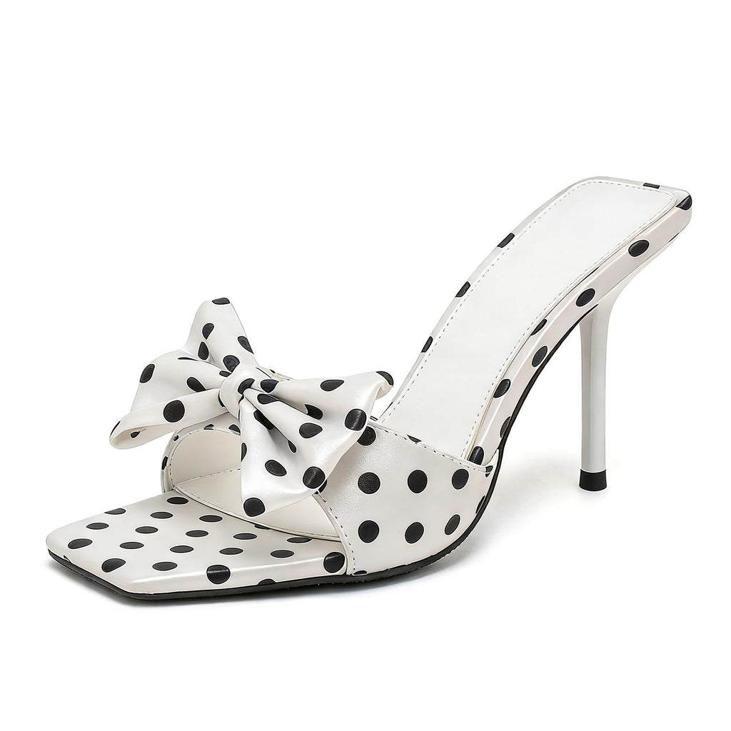 BGSMGISKD Women'S Satin Polka Dot Bow Stiletto Slide Sandals Sexy Square Open Toe High Heel Elegant Dress Mule Sandals for Fashion Prom Party Summer Wedding (White/3.54in,8)
