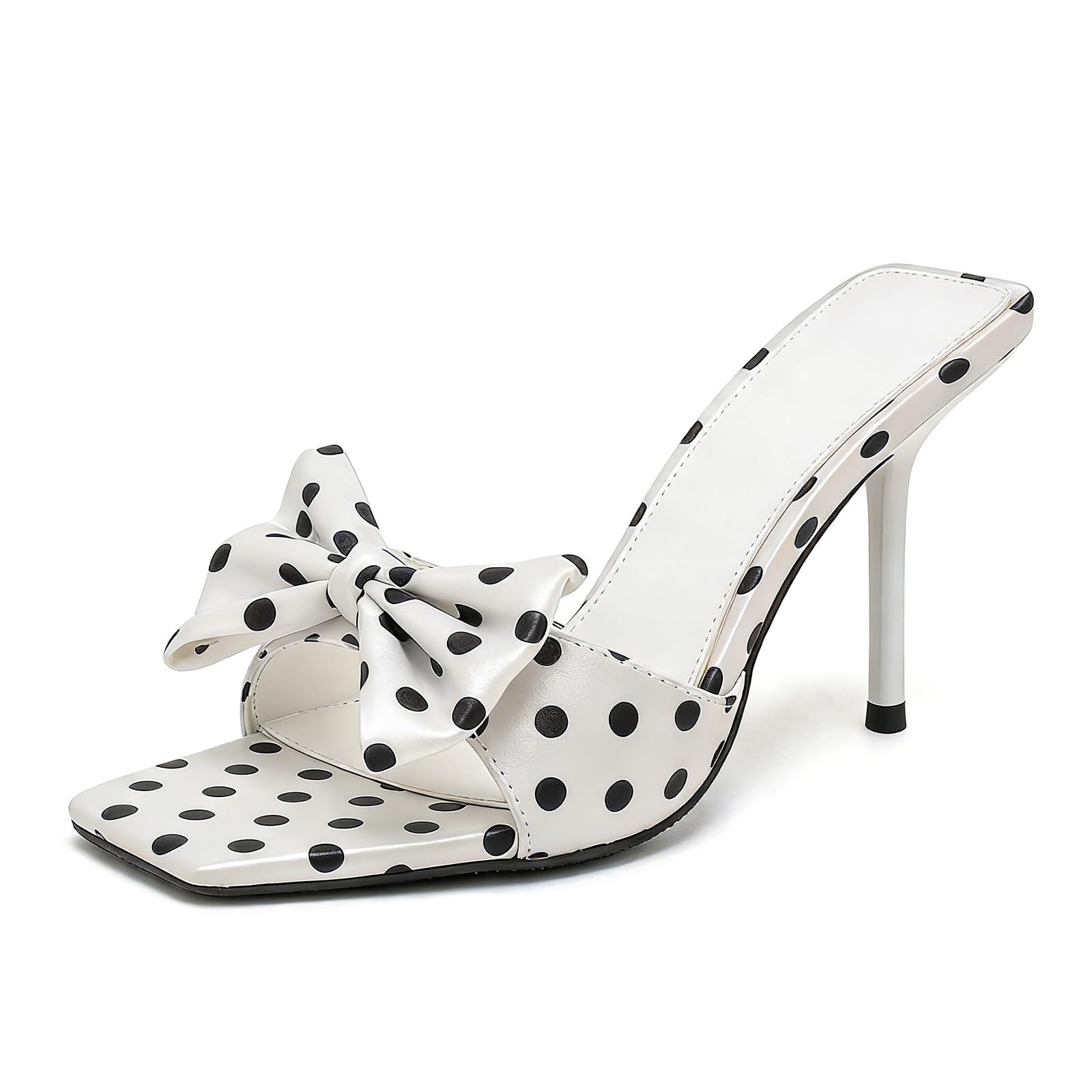 BGSMGISKD Women'S Satin Polka Dot Bow Stiletto Slide Sandals Sexy Square Open Toe High Heel Elegant Dress Mule Sandals for Fashion Prom Party Summer Wedding (White/3.54in,8)