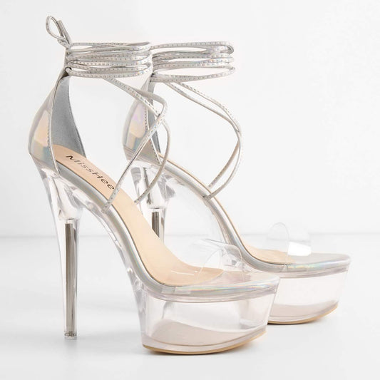 MissHeel Tie Up Platform Heels Clear Ankle Wrap Sandals for Women Silver Stiletto High Heels Sexy Party Dancing Holographic